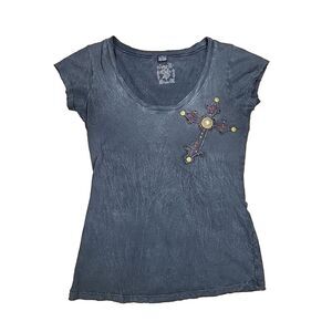 Distressed Velvet & Stone Shirt Women's Medium Embellished Cross Y2k Inspired